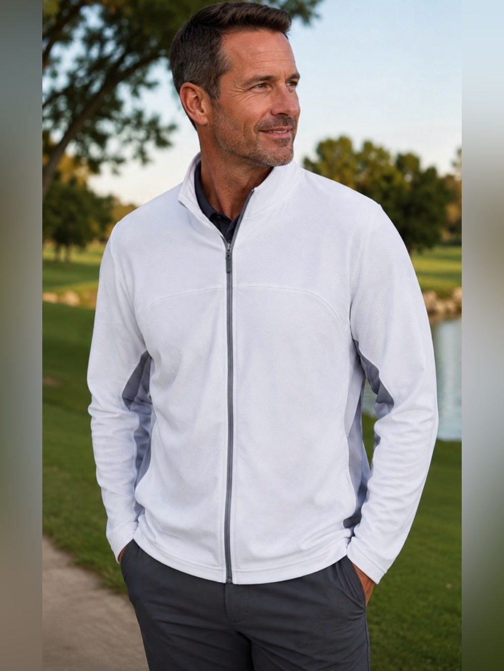 Alo Yoga Men's CoolFit Performance Full-Zip Track Jacket White Gray Size L